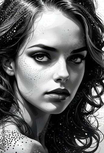 Black and White Portrait of a Mysterious Woman with Freckles and Wavy Hair


