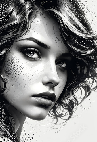 Black and White Portrait of a Mysterious Woman with Freckles and Wavy Hair

