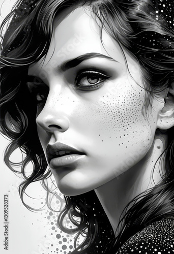 Black and White Portrait of a Mysterious Woman with Freckles and Wavy Hair

