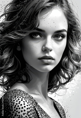 Black and White Portrait of a Mysterious Woman with Freckles and Wavy Hair

