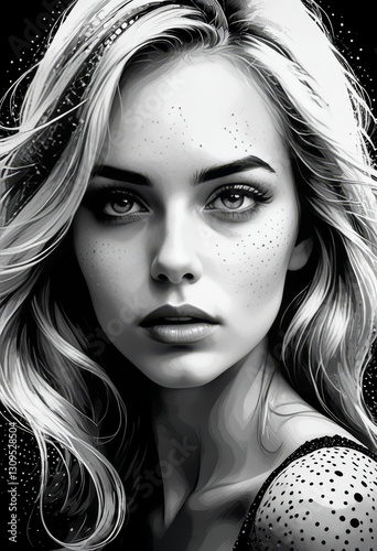 Black and White Portrait of a Mysterious Woman with Freckles and Wavy Hair

