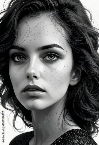 Black and White Portrait of a Mysterious Woman with Freckles and Wavy Hair

