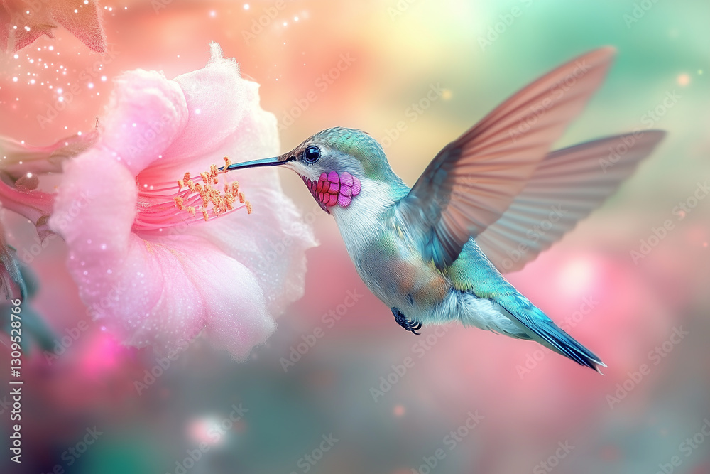 Iridescent hummingbird hovers gracefully near a delicate flower in a vibrant natural setting Iridescent hummingbird hovers gracefully near a delicate flower in a vibrant natural setting