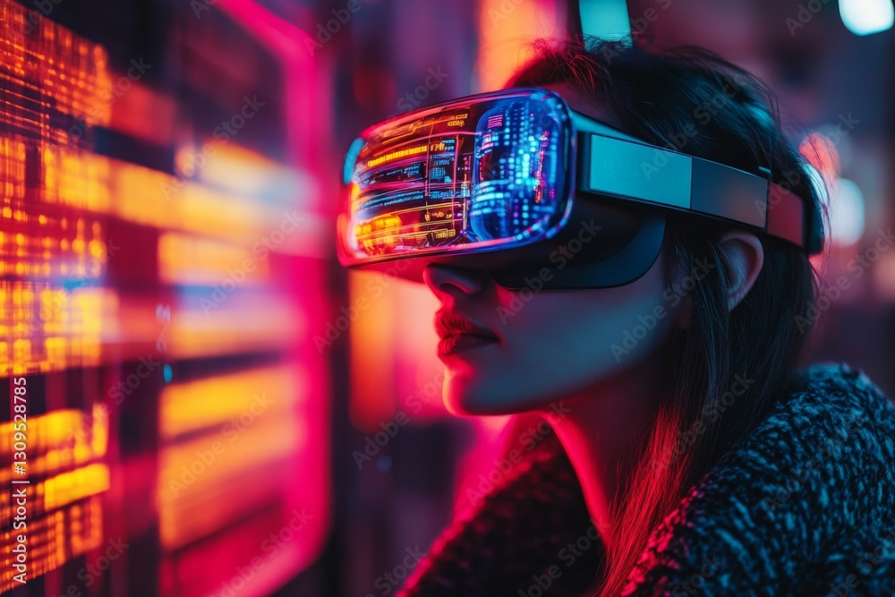 Woman experiencing virtual reality in a vibrant, futuristic environment during an immersive technology event at night Woman experiencing virtual reality in a vibrant, futuristic environment during an immersive technology event at night