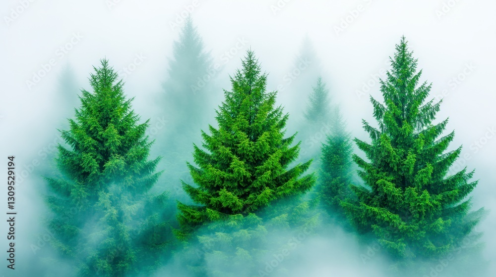 Obraz premium Three lush green pine trees emerge from a thick fog, creating a serene and mysterious atmosphere. The soft, diffused light enhances the ethereal mood.