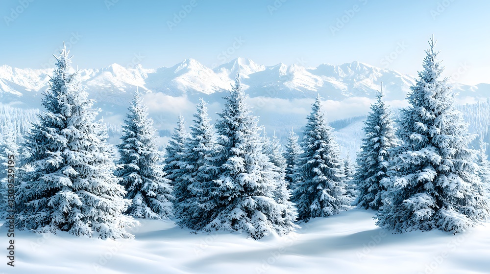 Fototapeta premium Snow covered pine trees stand before snow capped mountain ranges