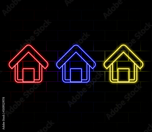 Abstract purple neon home icon seamless loop black background illustration.