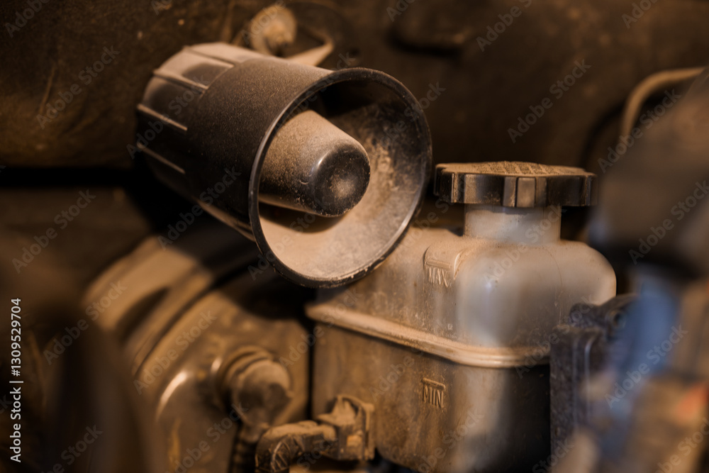 Close-up Detailed View of Dusty Vehicle Brake Fluid Reservoir and Cap Under Car Hood Close-up Detailed View of Dusty Vehicle Brake Fluid Reservoir and Cap Under Car Hood