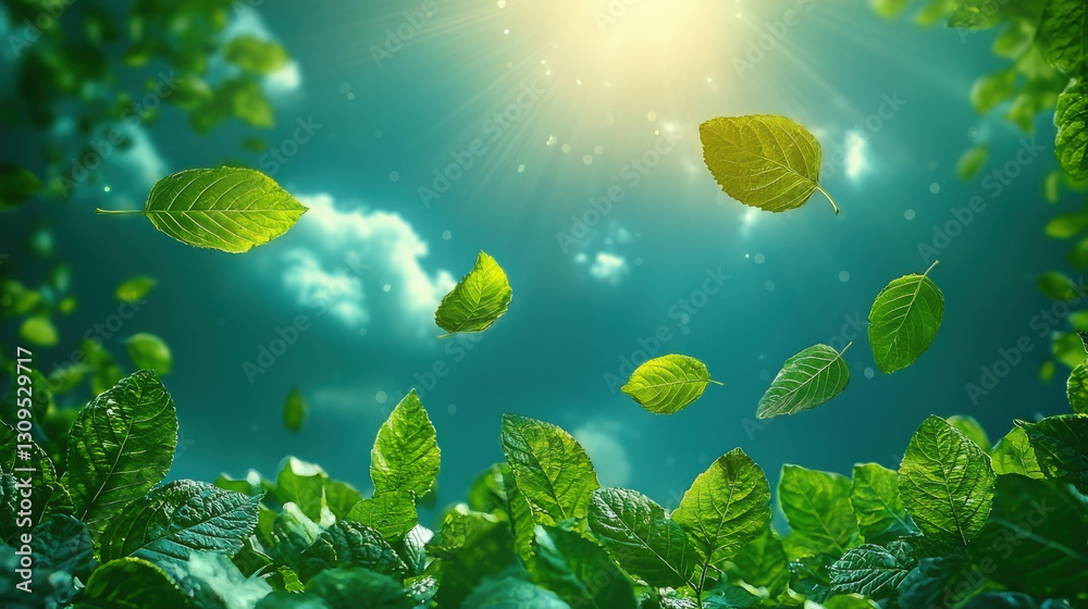 Fototapeta premium Falling leaves dancing in sunlight forest floor nature photography bright environment upward view serenity