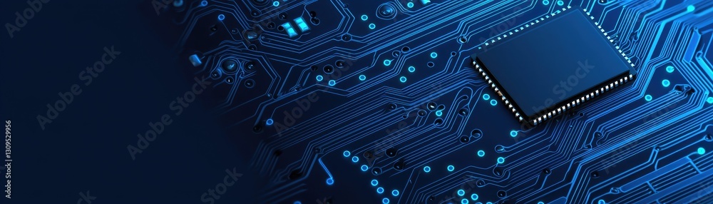 Close-up of a microchip on circuit board; technology background; website header Close-up of a microchip on circuit board; technology background; website header