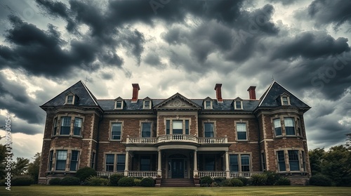 Dramatic abandoned vintage mansion under stormy sky for gothic horror blogs, film location scouting, atmospheric photography, and halloween themed content photo