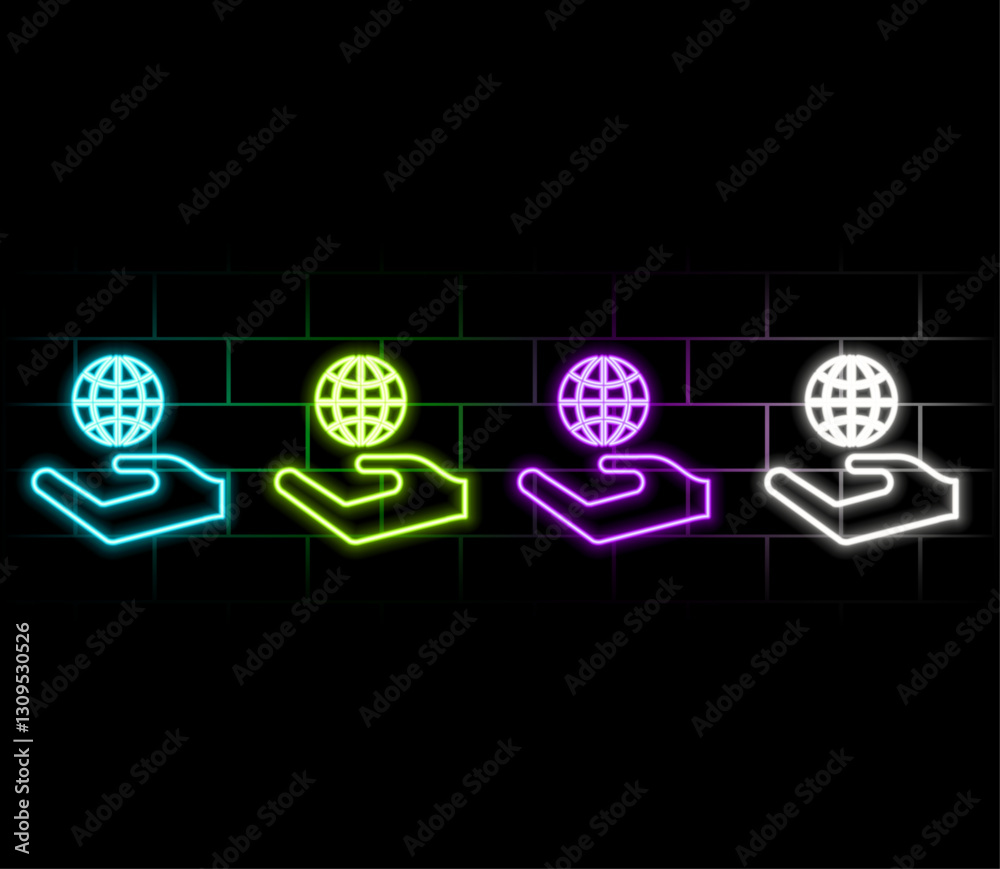 Glowing neon Human hand holding earth globe icon isolated on brick wall background. Saved land concept. Vector Glowing neon Human hand holding earth globe icon isolated on brick wall background. Saved land concept. Vector