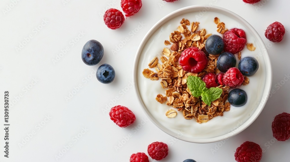 A bowl of yogurt topped with granola and fresh berries, symbolizing a healthy and balanced breakfast. A bowl of yogurt topped with granola and fresh berries, symbolizing a healthy and balanced breakfast.
