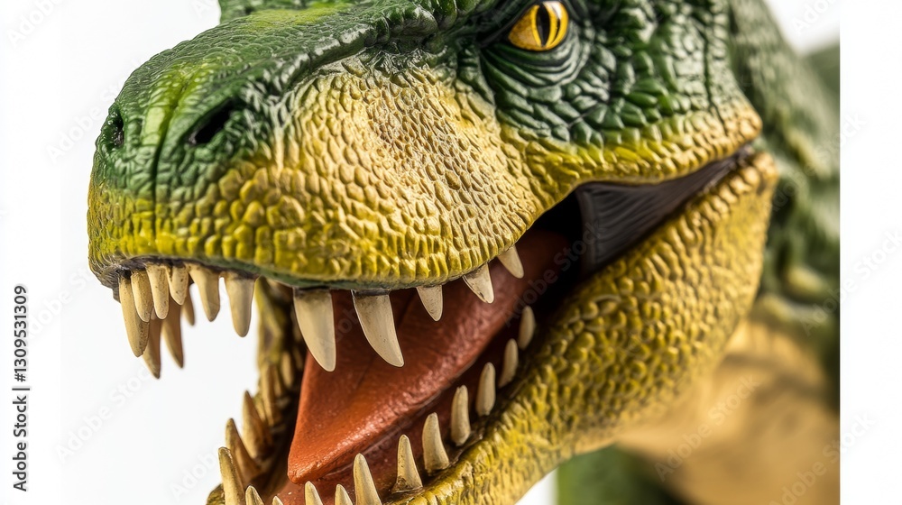 Obraz premium Closeup of a T-Rex figurine with sharp teeth and textured skin, isolated on white, showcasing primal power and intricate detail.