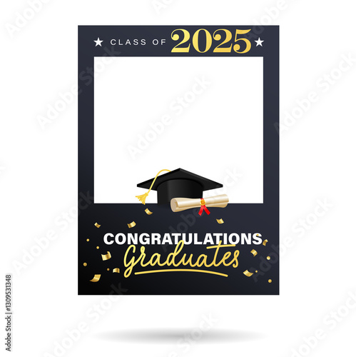 Class of 2025 black and gold design template for graduation photo booth props. Congratulations graduates frame for selfie. Realistic Vector illustration for high school or university grad ceremony.