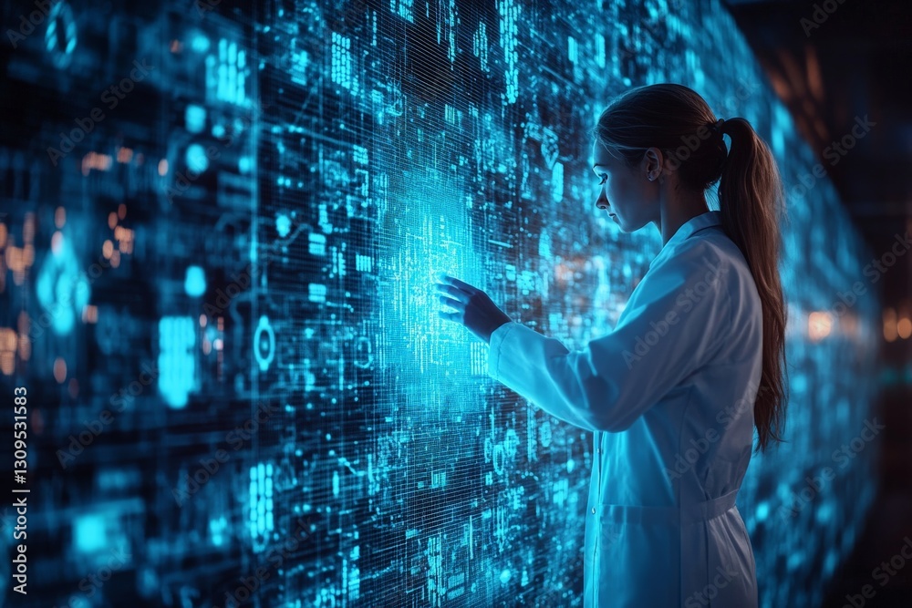 Scientist interacting with digital display in a high-tech laboratory at night Scientist interacting with digital display in a high-tech laboratory at night