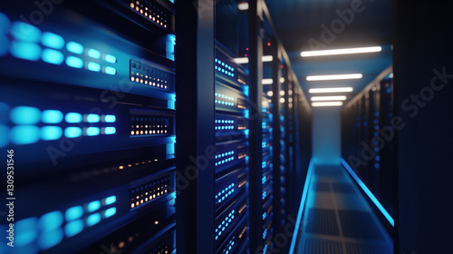 Futuristic supercomputer with glowing blue lights in a high-tech minimalist environment, showcasing advanced technology and innovation with ample copy space for design.