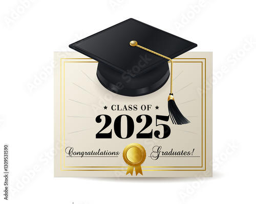 Graduation cap and diploma certificate design for class of 2025 with celebratory elements and elegant color scheme. Class of 2025 vector illustration design template. Congratulations graduates design.
