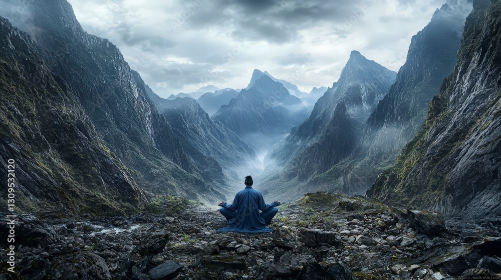Fototapeta premium Celestial being practices qi cult in sacred valley nature scene serene landscape spiritual viewpoint