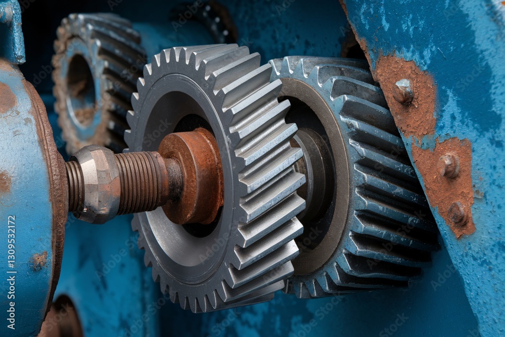 Close-up of metal gears interlocking with a blue industrial background. Close-up of metal gears interlocking with a blue industrial background.