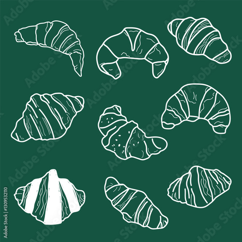 croissant set line vector illustration, Fresh baked croissant Doodle