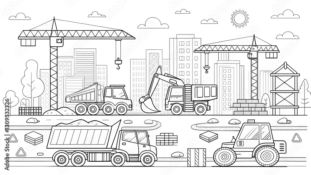 Fototapeta premium Construction Site Outline with Cranes, Excavators, and Dump Trucks in Urban Landscape for Architecture and Engineering Projects