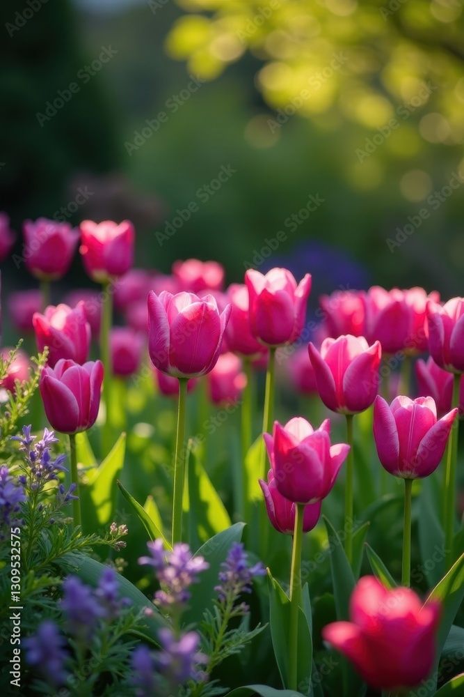 A profusion of purple tulips and verdant foliage in a spring garden , beautiful, flora, detail A profusion of purple tulips and verdant foliage in a spring garden , beautiful, flora, detail