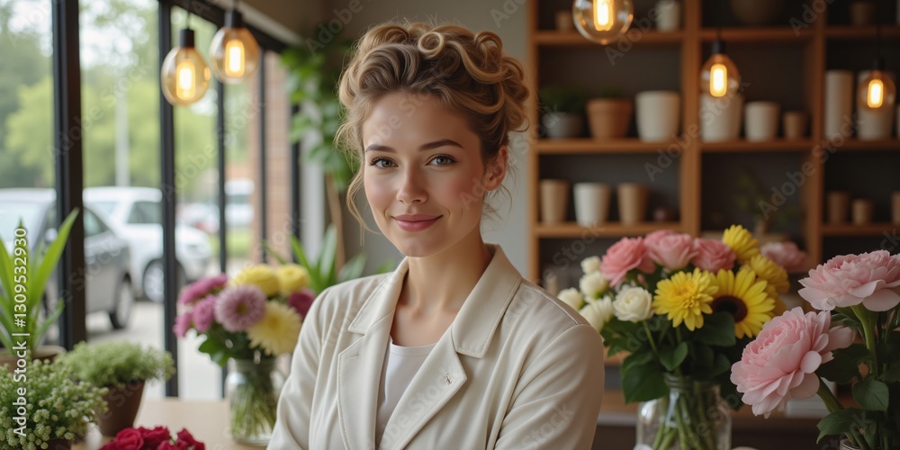 Fototapeta premium Smiling Florist Among Vibrant Blooms: A Portrait of Serenity and Floral Expertise in a Sunny Shop