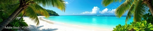 Azure water laps white sand; lush palms frame turquoise bay , holiday, warmth