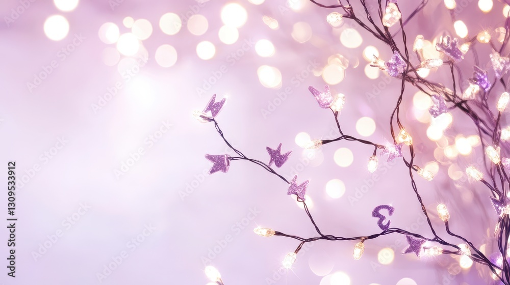 Fototapeta premium Delicate Branches with Glimmering Fairy Lights and Soft Lavender Background