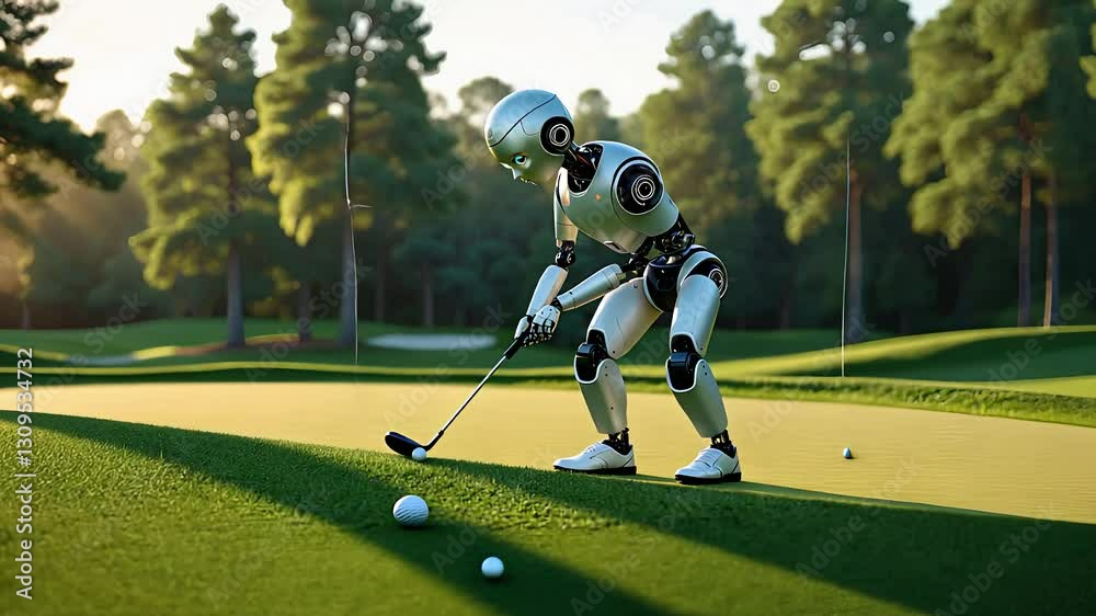 Futuristic Humanoid Robot Playing Golf on a Scenic Course with Lush Green Grass and Tall Trees in the Background
Futuristic Humanoid Robot Playing Golf on a Scenic Course with Lush Green Grass and Tall Trees in the Background