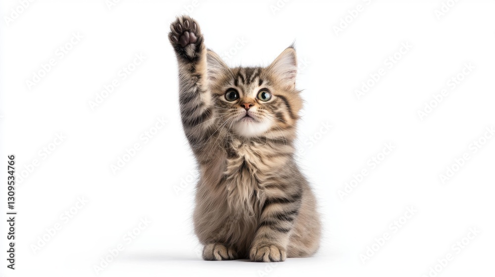 Obraz premium A fluffy tabby cat lifts its paw mid-play, looking curious and energetic on a white background.