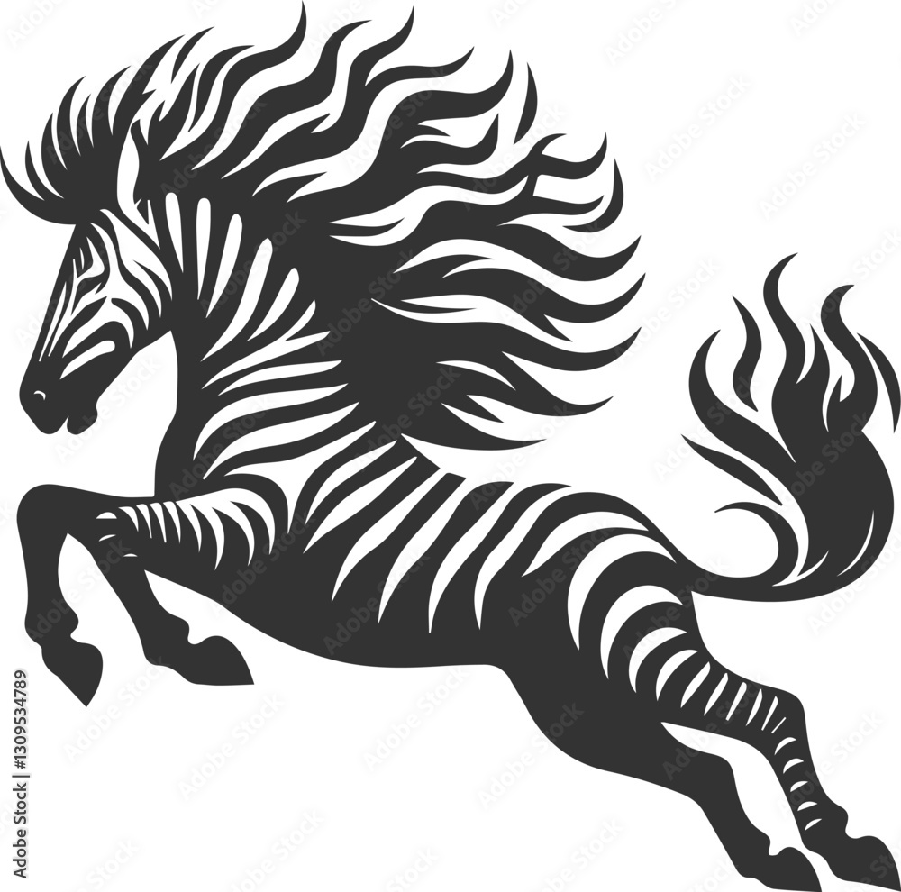 Zebra jumping with its mane flaring out out animal silhouette Zebra jumping with its mane flaring out out animal silhouette