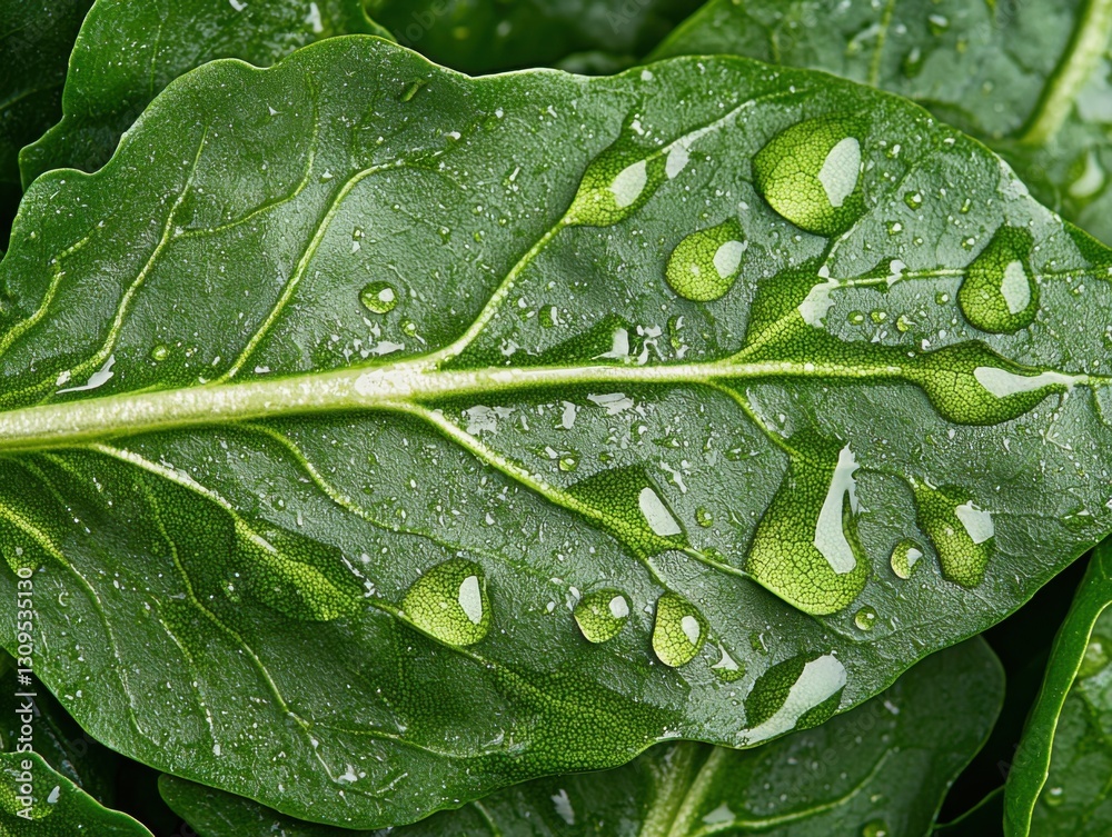 Fototapeta premium Explore the intricate details of nature with this Artistic macro shot of leafy greens, highlighting botanical texture and vibrant color Delve into the fascinating world of spinach, kale, lettuce, and
