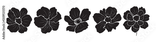 Silhouettes of black flowers with a white background. The flowers are all different sizes and shapes. The image has a monochromatic color scheme, which gives it a simple and elegant look