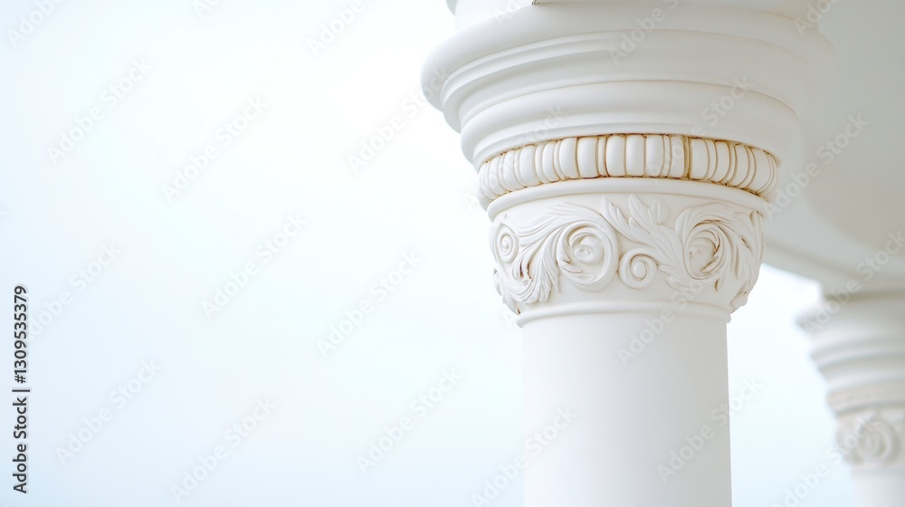 Close up view of an ornate white column against a bright background. Intricate carvings and details are visible on the column's capital. Close up view of an ornate white column against a bright background. Intricate carvings and details are visible on the column's capital.