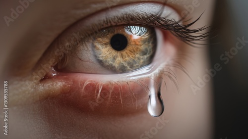 A close-up of a person's eye with a teardrop, featuring intricate patterns in the iris. photo