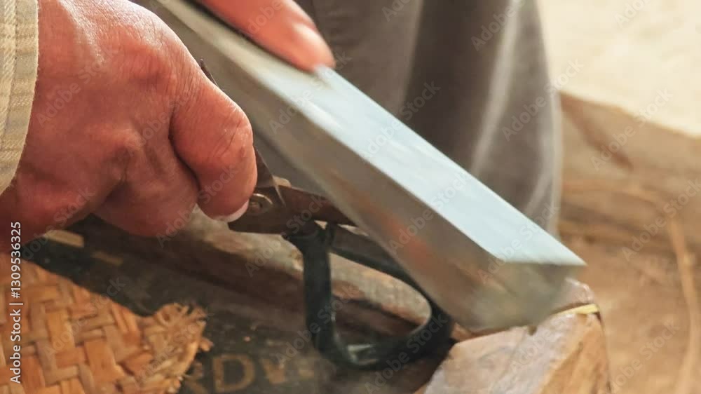 craftsman sharpen scissor with whetstone