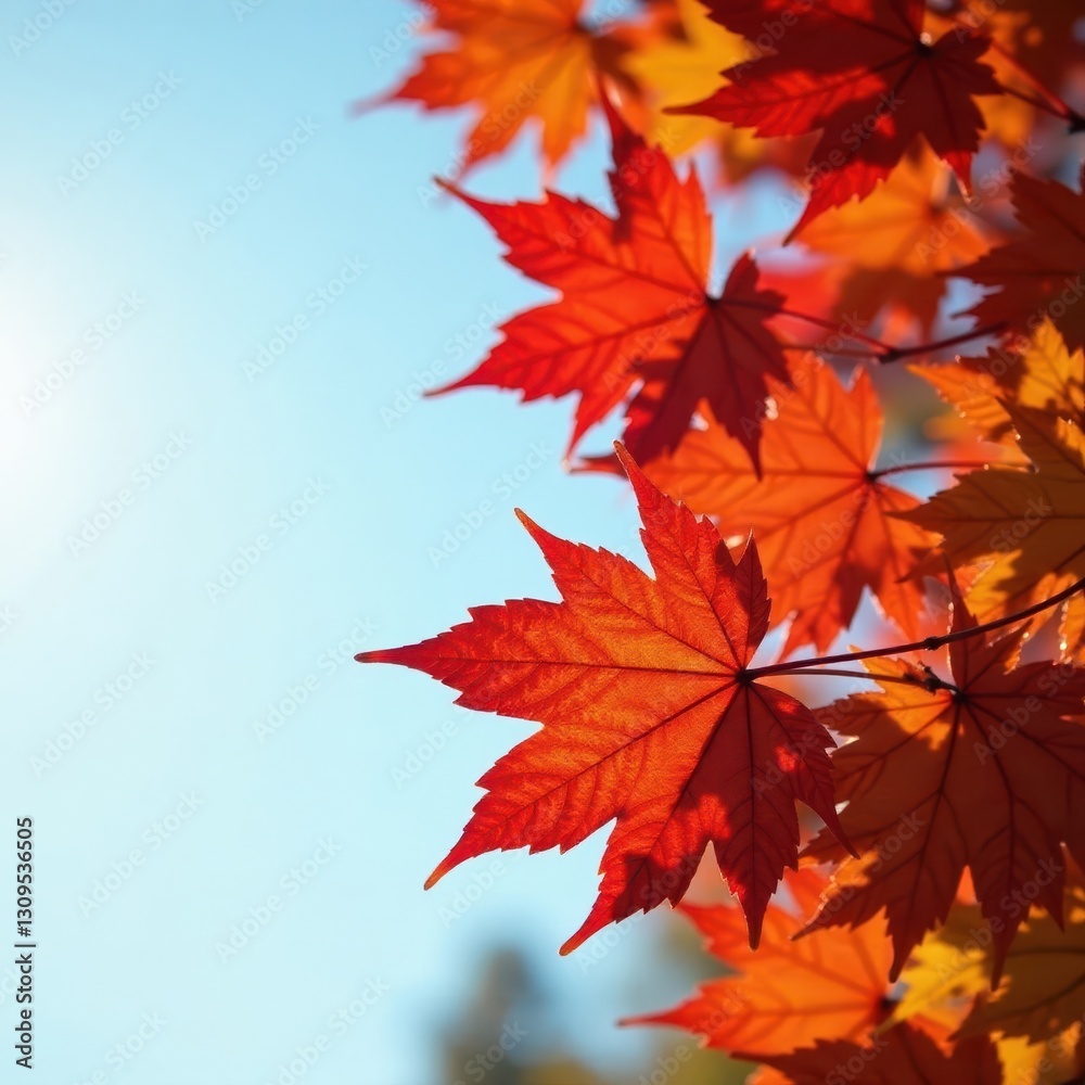Crimson, gold, russet maple leaves against a clear sky , colorful, foliage Crimson, gold, russet maple leaves against a clear sky , colorful, foliage