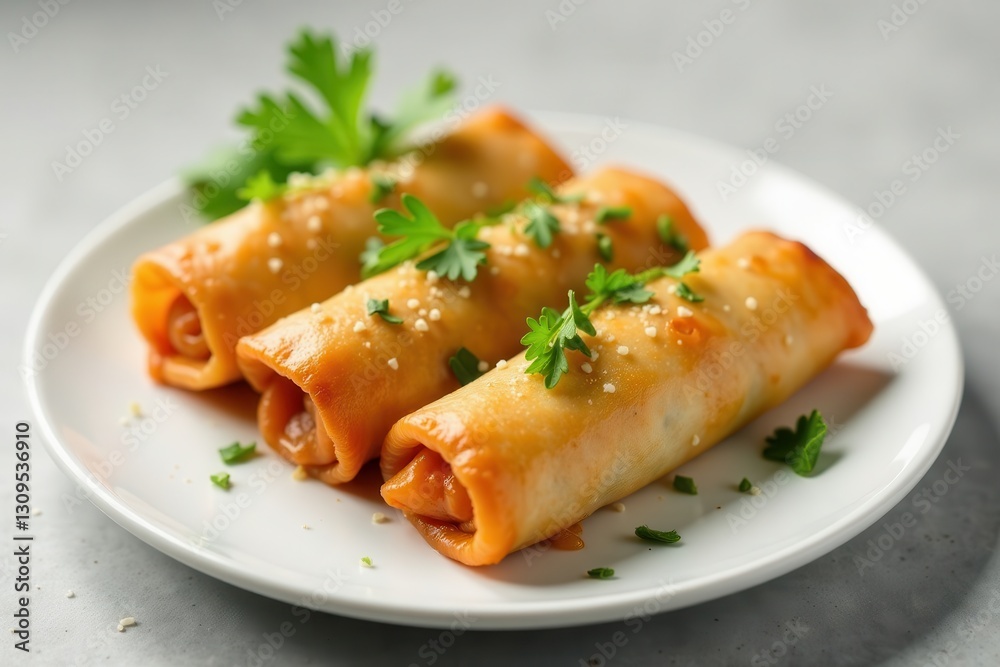 Crispy spring rolls arranged on a white ceramic plate, garnished with fresh herbs (optional) , food photography, food Crispy spring rolls arranged on a white ceramic plate, garnished with fresh herbs (optional) , food photography, food