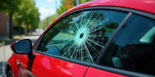 Damaged car window with visible damage requiring replacement, automobile glass replacement, window damage