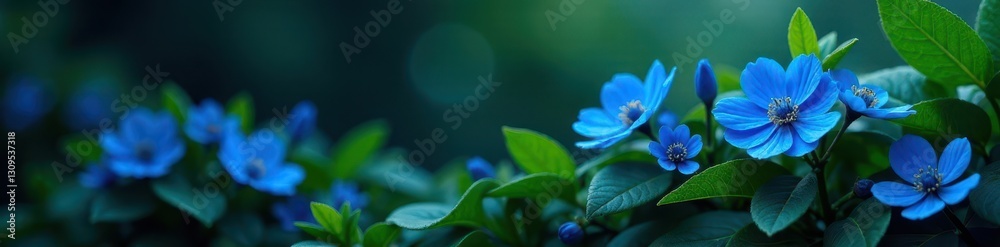 Deep blue blooms, rich green foliage, moody backdrop, stems, illustration, wallpaper Deep blue blooms, rich green foliage, moody backdrop, stems, illustration, wallpaper