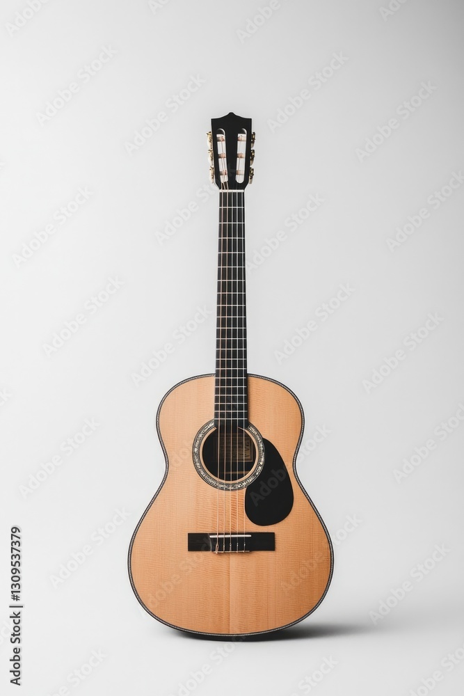 Obraz premium lone acoustic guitar stands upright on plain white background strings ready to resonate with melody