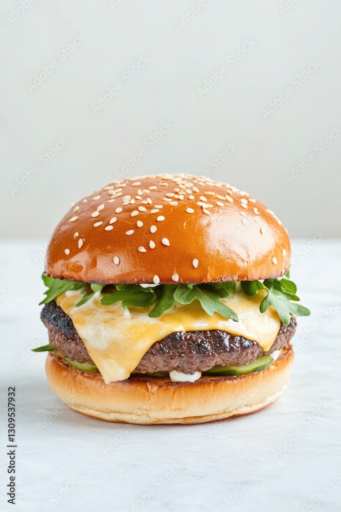 close-up of juicy burger with melted cheese and fresh vegetables against simple background close-up of juicy burger with melted cheese and fresh vegetables against simple background