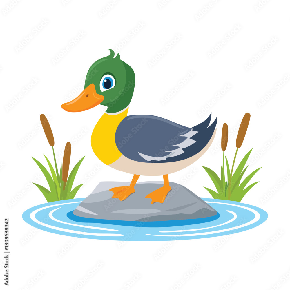 Cute cartoon of a duck standing on a pond