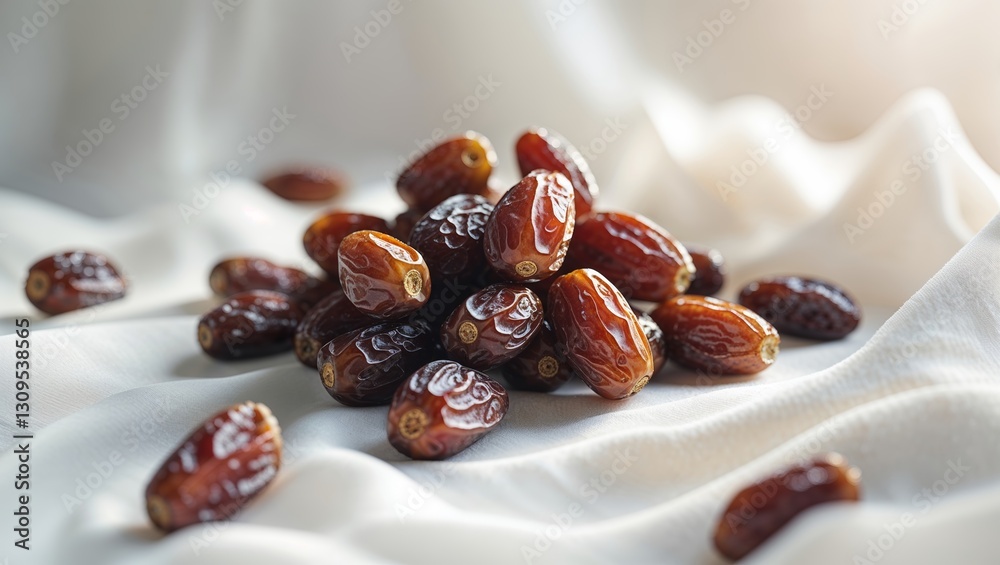 Fresh dates scattered on white fabric creating a natural, harvest-inspired arrangement Fresh dates scattered on white fabric creating a natural, harvest-inspired arrangement