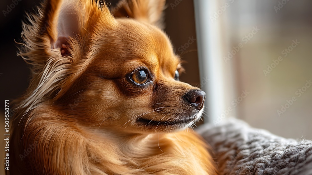 Chihuahua Dog Looking Out Window Calmly Resting on Soft Blanket Chihuahua Dog Looking Out Window Calmly Resting on Soft Blanket