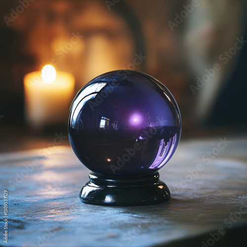 A mystical purple crystal ball rests on a wooden table, with a candle casting a warm glow in the background, creating an atmosphere of magic and mystery.
