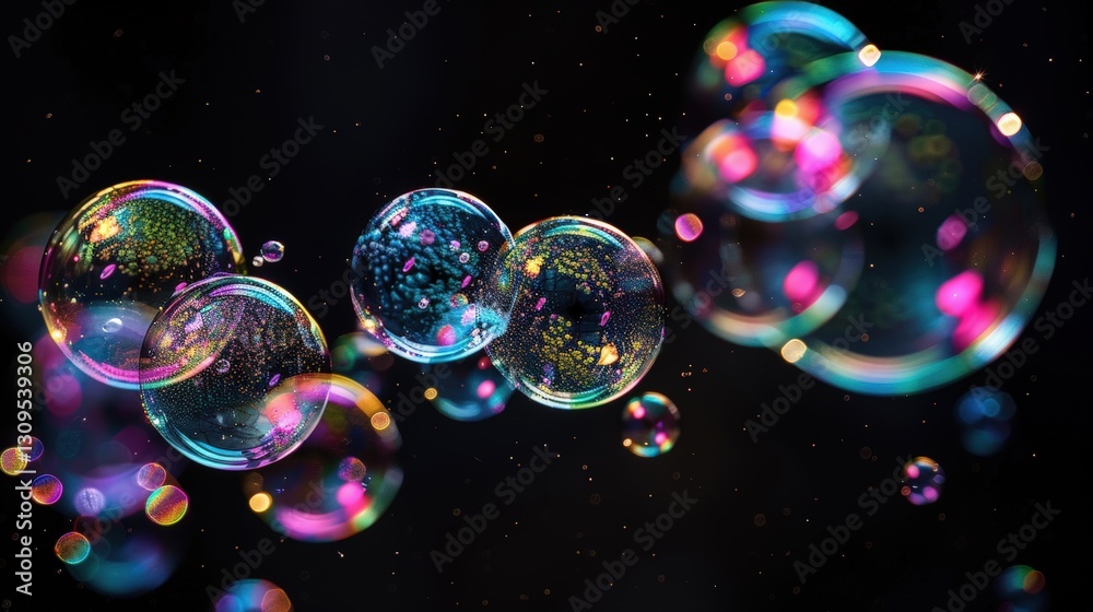Naklejka premium Iridescent Bubbles Floating in Dark Space. (1)