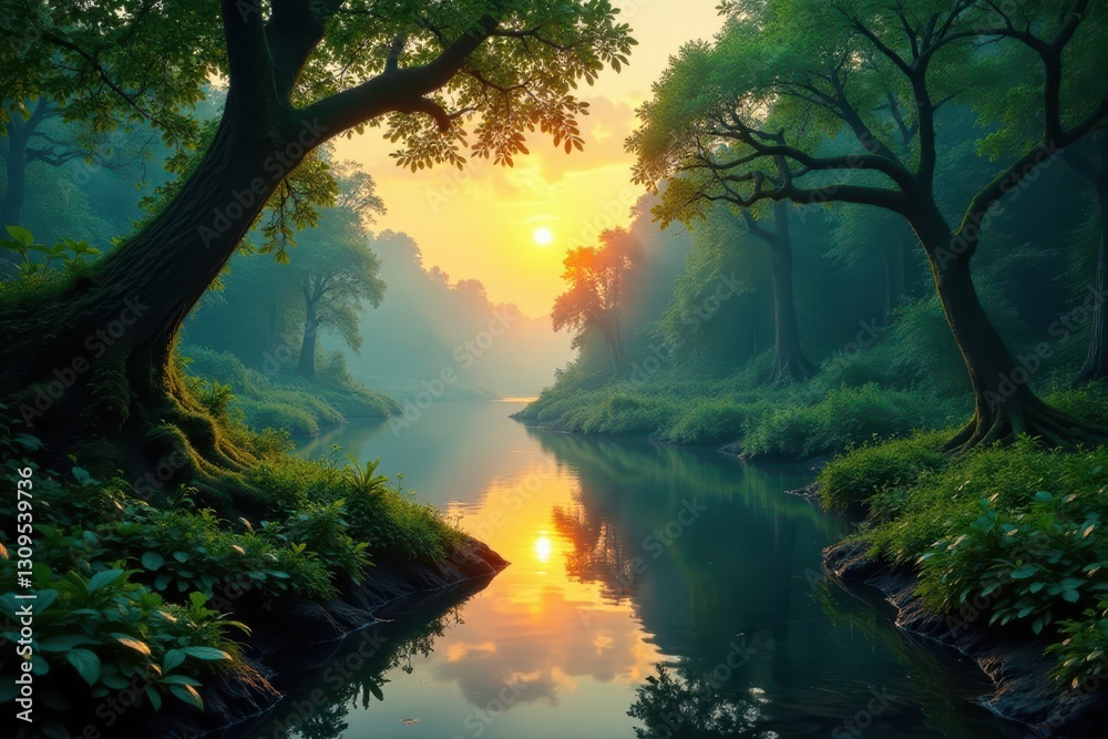 Fototapeta premium Emerald rainforest, moss-draped trees, vibrant sunset reflection, photography, moss, fog